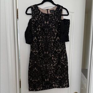 Xscape Black and Nude Lace Mini Dress